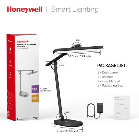 Honeywell LED-Schreibtischlampe für Home Office – H4 Sunturalux™ augenschonende Schreibtischleuchte, 14 W, dimmbare Tischlampe mit 3 Farbmodi, 5 Helligkeitsstufen, automatisches Dimmen, 60 MinTimer,