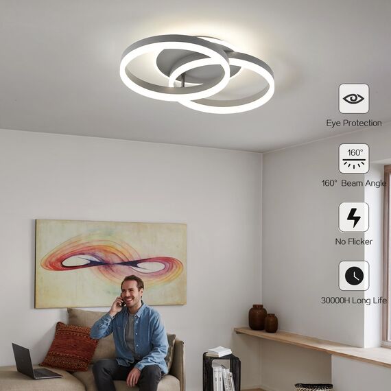 Amdelne LED Deckenlampe Wohnzimmer 50cm 2-Ringe Design, 36W Deckenleuchte Moderne mit Fernbedienung Dimmbar, aus Metall+Acryl,Mit Nachtlicht Memory-Funktion, für Schlafzimmer, Esszimmer, Büro-Grau