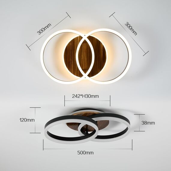 Amdelne LED Deckenlampe Wohnzimmer 50cm 2-Ringe Design, 36W Deckenleuchte Moderne mit Fernbedienung Dimmbar, aus Metall+Acryl, mit Speicherfunktion, für Schlafzimmer Esszimmer Büro, Schwarz+holz