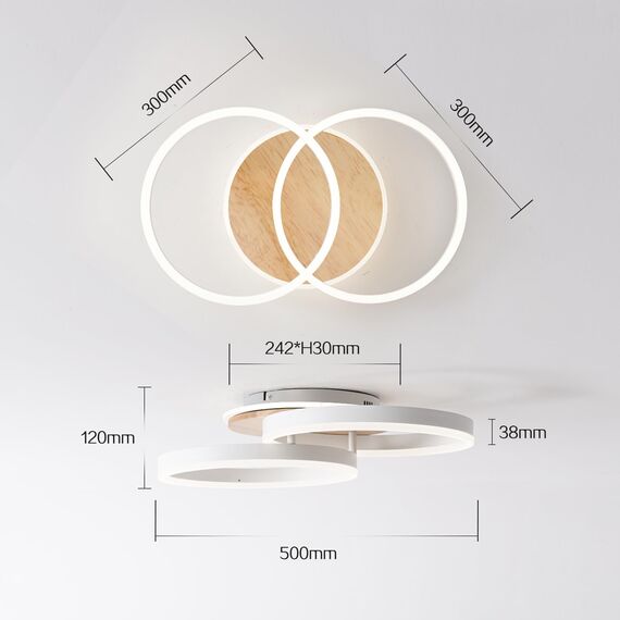 Amdelne LED Deckenlampe Wohnzimmer 50cm 2-Ringe Design, 36W Deckenleuchte Moderne mit Fernbedienung Dimmbar, aus Metall+Acryl, mit Speicherfunktion, für Schlafzimmer Esszimmer Büro, Weiß+holz