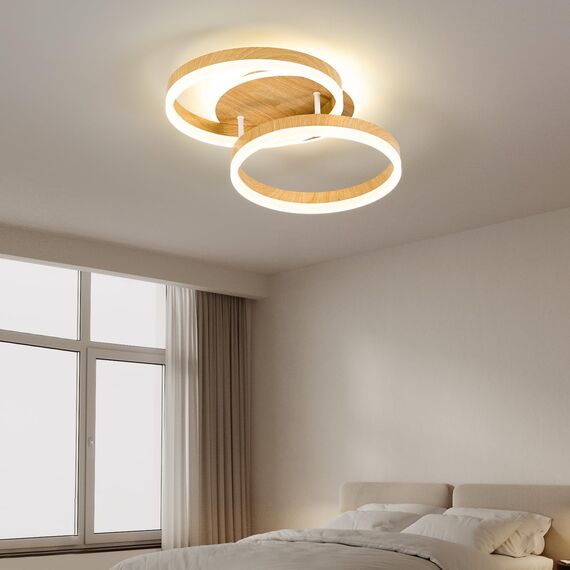 Amdelne LED Deckenlampe Wohnzimmer 50cm 2-Ringe Design, 36W Deckenleuchte Moderne mit Fernbedienung Dimmbar, aus Acryl, Mit Nachtlicht Memory-Funktion, für Schlafzimmer, Esszimmer, Büro, Holzoptik