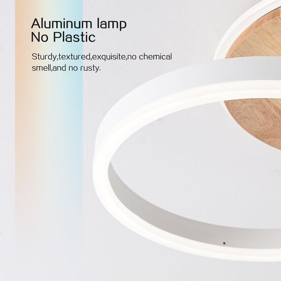 Amdelne LED Deckenlampe Wohnzimmer 50cm 2-Ringe Design, 36W Deckenleuchte Moderne mit Fernbedienung Dimmbar, aus Metall+Acryl, mit Speicherfunktion, für Schlafzimmer Esszimmer Büro, Weiß+holz