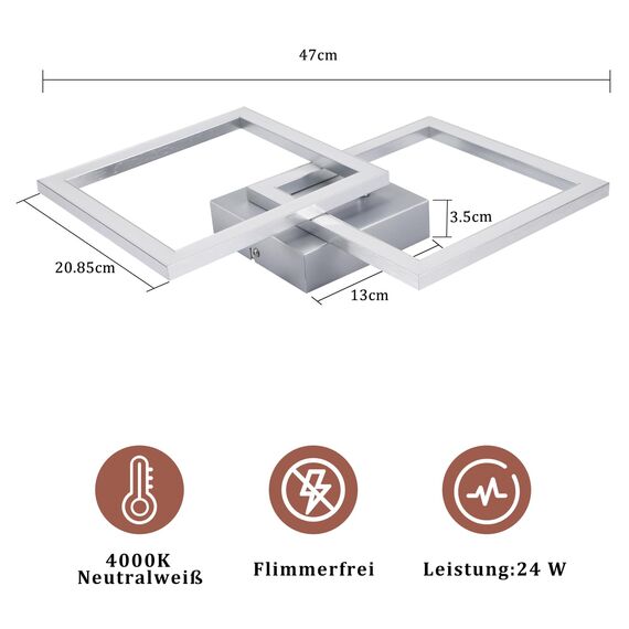 Homefire Deckenlampe LED Deckenleuchte Wohnzimmer - Modern Design Küchenlampe 24W 4000K Wohnzimmerlampe Flurlampe Neutralweiß Schlafzimmerlampe Flur Deckenbeleuchtung Eckig Silber für Esszimmer Büro