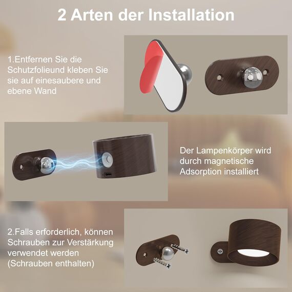 Feallive LED Wandleuchte Innen, Wandlampe mit Akku 1 Stück,Touch Control 3 Helligkeitsstufen, 360° drehbare, für Wohnzimmer Schlafzimmer TreppenhausFlur kabellose wandleuchten Dunkelbraun