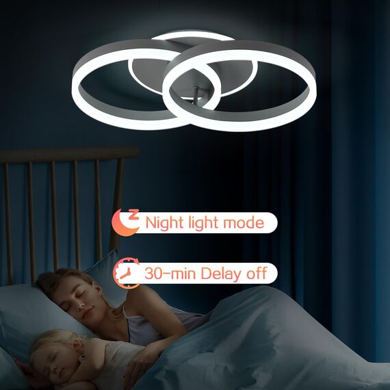 Amdelne LED Deckenlampe Wohnzimmer 50cm 2-Ringe Design, 36W Deckenleuchte Moderne mit Fernbedienung Dimmbar, aus Metall+Acryl,Mit Nachtlicht Memory-Funktion, für Schlafzimmer, Esszimmer, Büro-Grau
