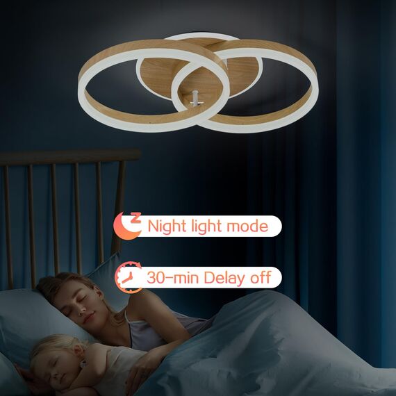 Amdelne LED Deckenlampe Wohnzimmer 50cm 2-Ringe Design, 36W Deckenleuchte Moderne mit Fernbedienung Dimmbar, aus Acryl, Mit Nachtlicht Memory-Funktion, für Schlafzimmer, Esszimmer, Büro, Holzoptik