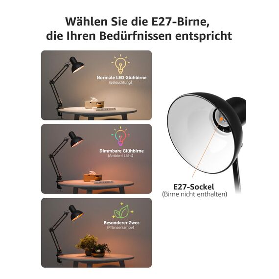 Lepro Schreibtischlampe Retro, Klemmbare Tischlampe E27, LED Büro Leselampe Nachttischlampe Verstellbare, Gelenk-Arm, schwenkbar, Tageslichtlampe Schreibtisch leuchte, HxBxT: 38 x 15 x 27cm, Schwarz