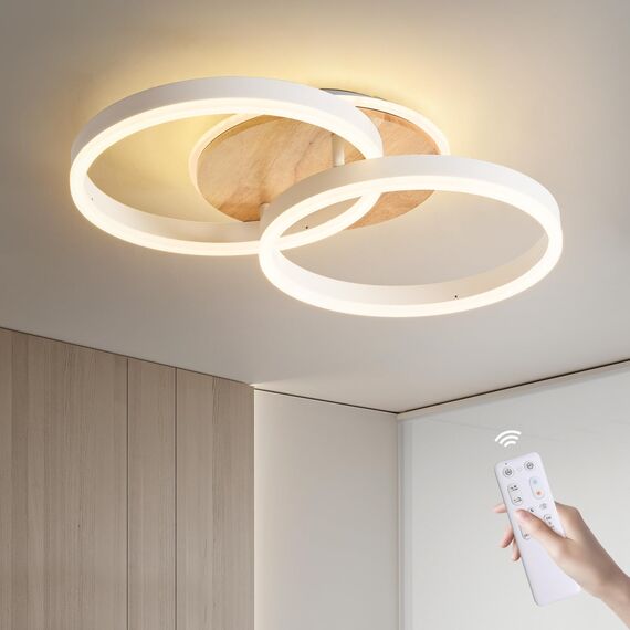 Amdelne LED Deckenlampe Wohnzimmer 50cm 2-Ringe Design, 36W Deckenleuchte Moderne mit Fernbedienung Dimmbar, aus Metall+Acryl, mit Speicherfunktion, für Schlafzimmer Esszimmer Büro, Weiß+holz