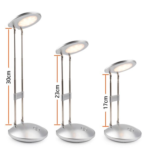 LED Schreibtischlampe, DA LIGHT 3000K Warmweiß LED Tischlampe, 3.6W Nachttisch Leselampe mit Einziehbare Halterungen Silber Tischleuchte Tragbare Bürolampe für Büro, Lesen, Studieren