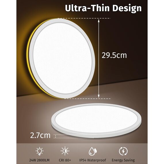 Bowfar LED Deckenleuchte, 24W 2800LM Deckenlampe mit Fernbedienung Dimmbar 3000K-6500K, 1800K Nachtlicht Amber, Rund Badezimmer Lampe für Wohnzimmer Kinderzimmer Schlafzimmer Ø29.5x2.5cm, Weiß