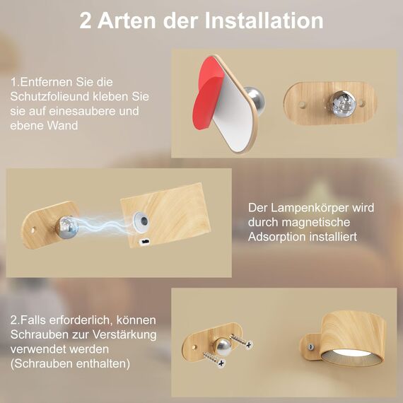 Feallive LED Wandleuchte Innen, Wandlampe mit Akku 1 Stück,Touch Control 3 Helligkeitsstufen, 360° drehbare, für Wohnzimmer Schlafzimmer TreppenhausFlur kabellose wandleuchten Holzmaserung