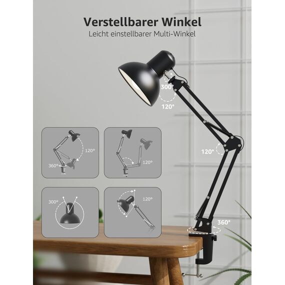 Lepro Schreibtischlampe Retro, Klemmbare Tischlampe E27, LED Büro Leselampe Nachttischlampe Verstellbare, Gelenk-Arm, schwenkbar, Tageslichtlampe Schreibtisch leuchte, HxBxT: 38 x 15 x 27cm, Schwarz