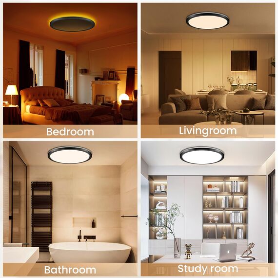 LED Deckenleuchte 24W Dimmbar, Deckenlampe Mit Fernbedienung, 1800K Nachtlicht, Panel 3000K-6500K Für Schlafzimmer, Kinderzimmer, Wohnzimmer, Flure, Küche, Badezimmer, Ø30cm, Schwarz