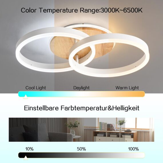 Amdelne LED Deckenlampe Wohnzimmer 50cm 2-Ringe Design, 36W Deckenleuchte Moderne mit Fernbedienung Dimmbar, aus Metall+Acryl, mit Speicherfunktion, für Schlafzimmer Esszimmer Büro, Weiß+holz