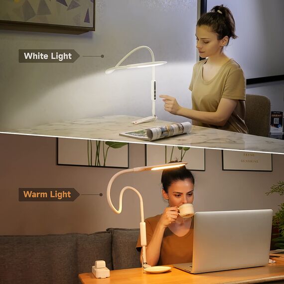 Schreibtischlampe LED Klemmbar, Tischlampe Schwanenhals mit 5 Farb und 5 Helligkeitsstufen, Flexible 360° Schwenkarm Tischleuchte, TouchBedienung Klemmlampe mit Fernsteuerung für Arbeit, Studium