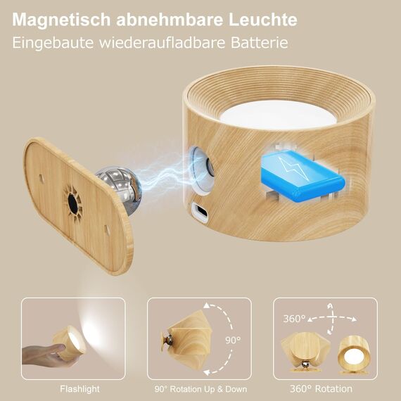 Feallive LED Wandleuchte Innen, Wandlampe mit Akku 1 Stück,Touch Control 3 Helligkeitsstufen, 360° drehbare, für Wohnzimmer Schlafzimmer TreppenhausFlur kabellose wandleuchten Holzmaserung
