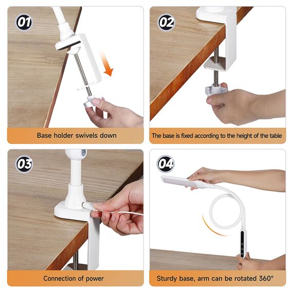 Schreibtischlampe LED Klemmbar, Tischlampe Schwanenhals mit 5 Farb und 5 Helligkeitsstufen, Flexible 360° Schwenkarm Tischleuchte, TouchBedienung Klemmlampe mit Fernsteuerung für Arbeit, Studium