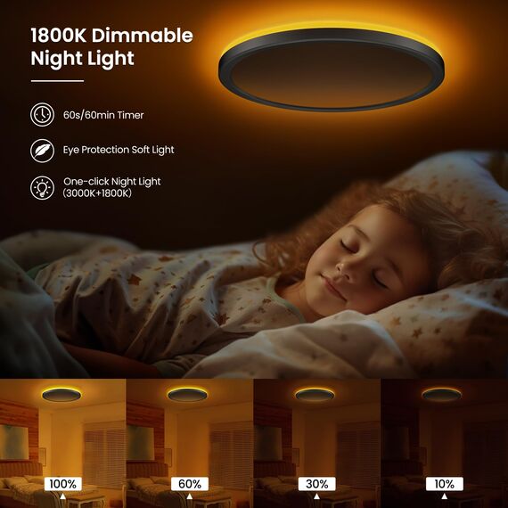 LED Deckenleuchte 24W Dimmbar, Deckenlampe Mit Fernbedienung, 1800K Nachtlicht, Panel 3000K-6500K Für Schlafzimmer, Kinderzimmer, Wohnzimmer, Flure, Küche, Badezimmer, Ø30cm, Schwarz