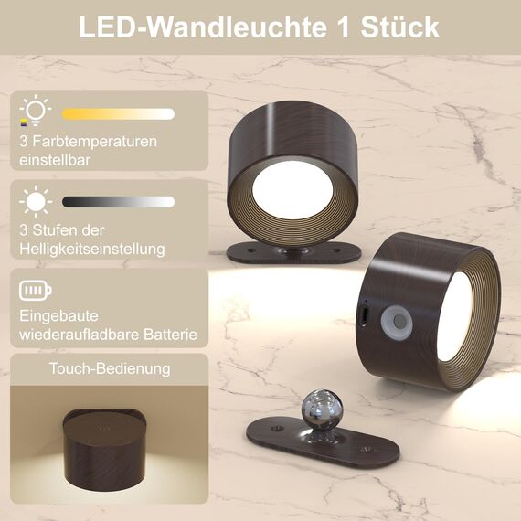 Feallive LED Wandleuchte Innen, Wandlampe mit Akku 1 Stück,Touch Control 3 Helligkeitsstufen, 360° drehbare, für Wohnzimmer Schlafzimmer TreppenhausFlur kabellose wandleuchten Dunkelbraun