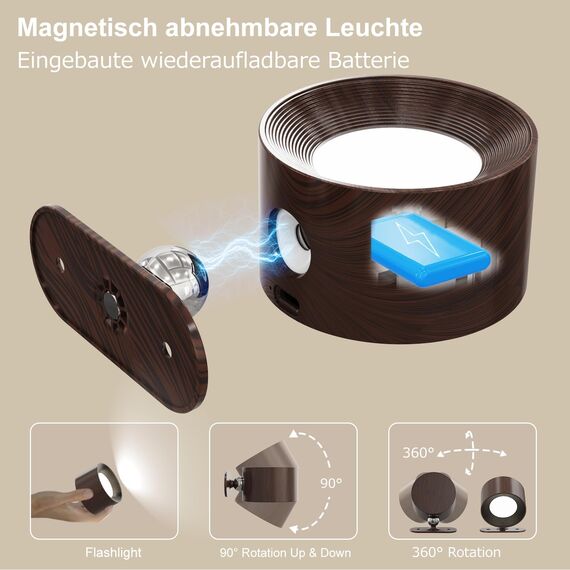 Feallive LED Wandleuchte Innen, Wandlampe mit Akku 1 Stück,Touch Control 3 Helligkeitsstufen, 360° drehbare, für Wohnzimmer Schlafzimmer TreppenhausFlur kabellose wandleuchten Dunkelbraun