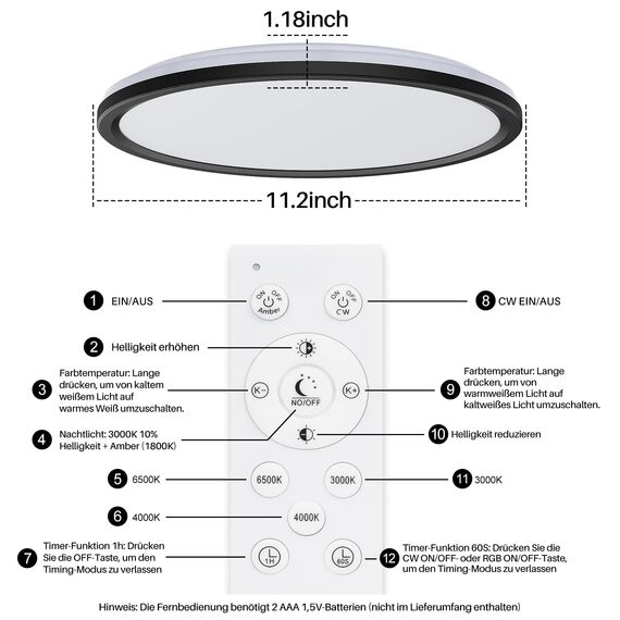 AmazeFan LED Deckenleuchte Dimmbar - 24W 2400LM Deckenlampe mit Fernbedienung - 6W Nachtlicht Warm - LED Deckenleuchte Flach für Schlafzimmer Kinderzimmer Wohnzimmer-Rund (24W-29CM-Schwarz)