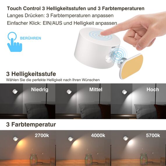 Feallive LED Wandleuchte Innen, Wandlampe mit Akku 1 Stück,Touch Control 3 Helligkeitsstufen, 360° drehbare, für Wohnzimmer Schlafzimmer TreppenhausFlur kabellose wandleuchten Weiß