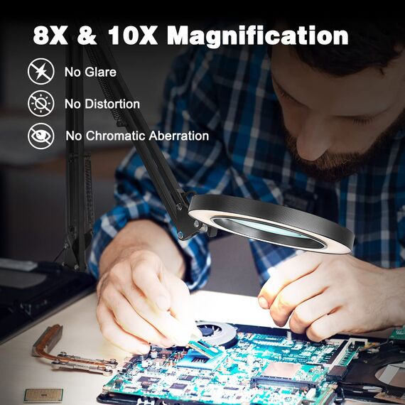Lupe mit Licht und Ständer, Jubor 10 Fach 8 Fach LED Lupenleuchte mit Klemme, Schreibtischlampe mit 3 Farbmodi Dimmbare, LED Lupenlampe für Hobby Basteln, Arbeitsplatzlampe, Leselampe