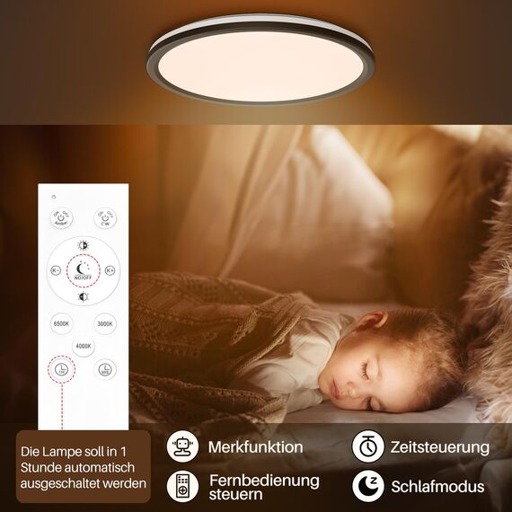 AmazeFan LED Deckenleuchte Dimmbar - 24W 2400LM Deckenlampe mit Fernbedienung - 6W Nachtlicht Warm - LED Deckenleuchte Flach für Schlafzimmer Kinderzimmer Wohnzimmer-Rund (24W-29CM-Schwarz)