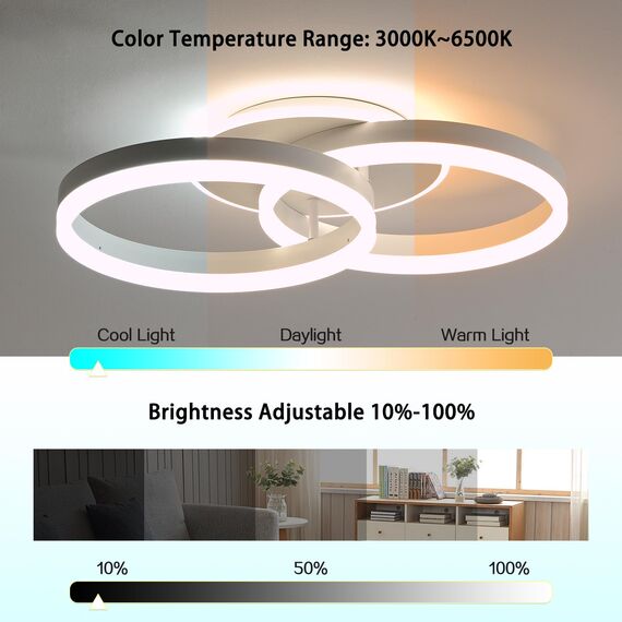 Amdelne LED Deckenlampe Wohnzimmer 50cm 2-Ringe Design, 36W Deckenleuchte Moderne mit Fernbedienung Dimmbar, aus Metall+Acryl,Mit Nachtlicht Memory-Funktion, für Schlafzimmer, Esszimmer, Büro,Weiß