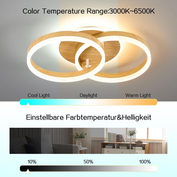 Amdelne LED Deckenlampe Wohnzimmer 50cm 2-Ringe Design, 36W Deckenleuchte Moderne mit Fernbedienung Dimmbar, aus Acryl, Mit Nachtlicht Memory-Funktion, für Schlafzimmer, Esszimmer, Büro, Holzoptik