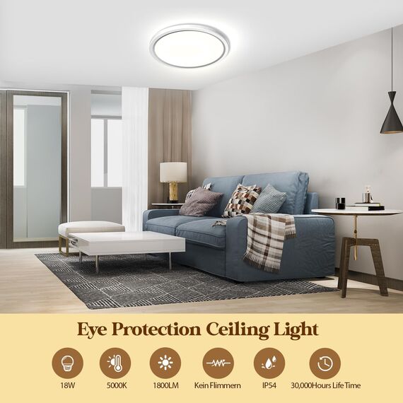 Aisutha Deckenlampe Rund 4500K,LED Deckenleuchte 18W,1800lm,IP54 Wasserdichte Badezimmer Lampe für Wohnzimmer Küche Schlafzimmer Flur Balkon,Ultra Dünn Led Lampen Deckenlampen Ø220*H25mm