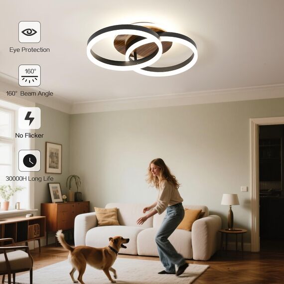 Amdelne LED Deckenlampe Wohnzimmer 50cm 2-Ringe Design, 36W Deckenleuchte Moderne mit Fernbedienung Dimmbar, aus Metall+Acryl, mit Speicherfunktion, für Schlafzimmer Esszimmer Büro, Schwarz+holz