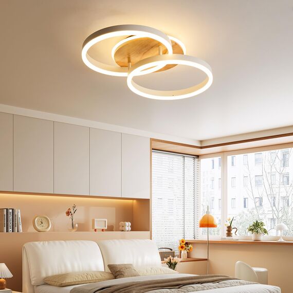 Amdelne LED Deckenlampe Wohnzimmer 50cm 2-Ringe Design, 36W Deckenleuchte Moderne mit Fernbedienung Dimmbar, aus Metall+Acryl, mit Speicherfunktion, für Schlafzimmer Esszimmer Büro, Weiß+holz
