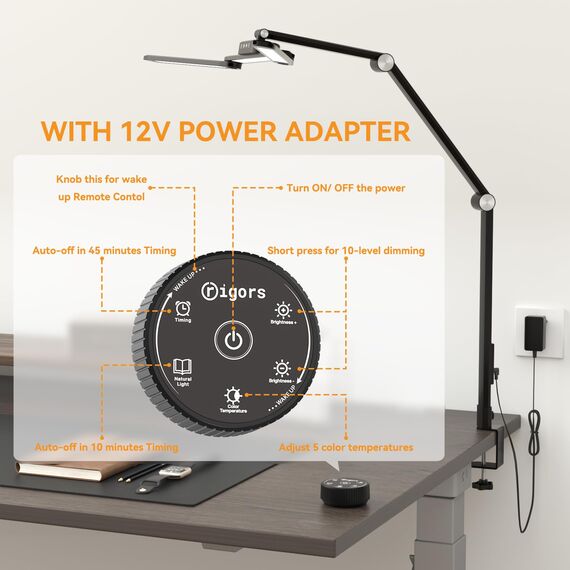 rigors 80cm Schreibtischlampe Klemmbar, Architekten-Tageslichtlampe für das Heimbüro, 24W ultrahelle Schreibtischlampen Gesten-Sensor-Schalter mit 5 Farb 10 Helligkeit,Speicherfunktion für Werkbank