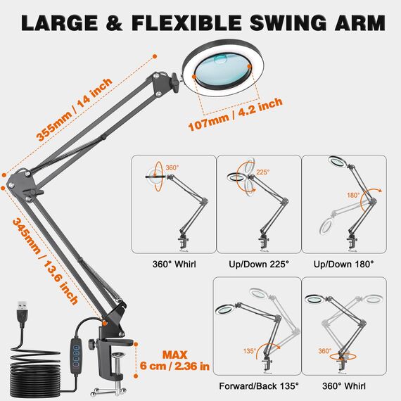 Lupe mit Licht und Ständer, Jubor 10 Fach 8 Fach LED Lupenleuchte mit Klemme, Schreibtischlampe mit 3 Farbmodi Dimmbare, LED Lupenlampe für Hobby Basteln, Arbeitsplatzlampe, Leselampe