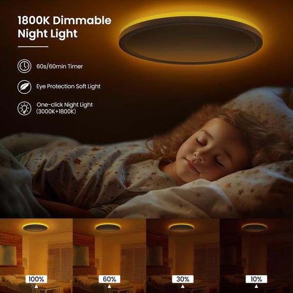 Tyreses LED Deckenleuchte Dimmbar 36W, Deckenlampe mit Fernbedienung, 1800K Dimmbar Nachtlicht, Panel 3000K-6500K für Schlafzimmer, Kinderzimmer, Wohnzimmer, Flure, Küche,Badezimmer, Ø40cm