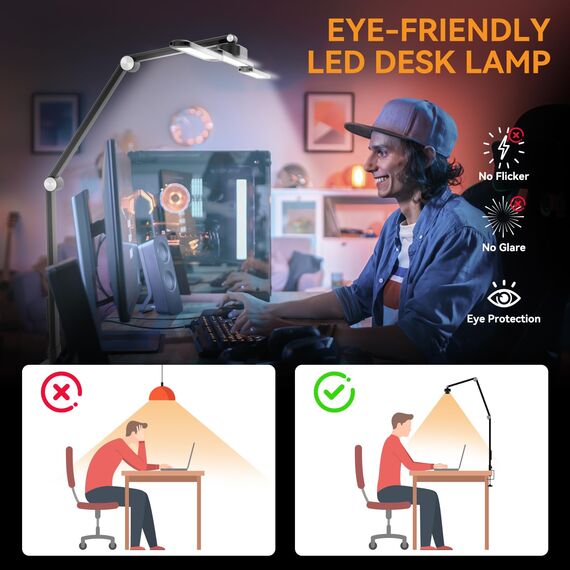 rigors 80cm Schreibtischlampe Klemmbar, Architekten-Tageslichtlampe für das Heimbüro, 24W ultrahelle Schreibtischlampen Gesten-Sensor-Schalter mit 5 Farb 10 Helligkeit,Speicherfunktion für Werkbank