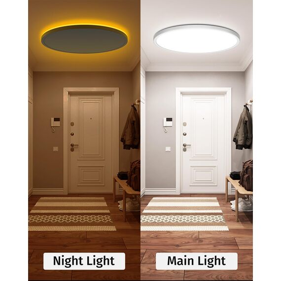 Bowfar LED Deckenleuchte Flach, 36W 4200LM Deckenlampe mit Fernbedienung Dimmbar 3000K-6500K, 1800K Nachtlicht Amber, Badezimmer Lampe für Wohnzimmer Küche Kinderzimmer Flur Schlafzimmer Ø39cm, Rund