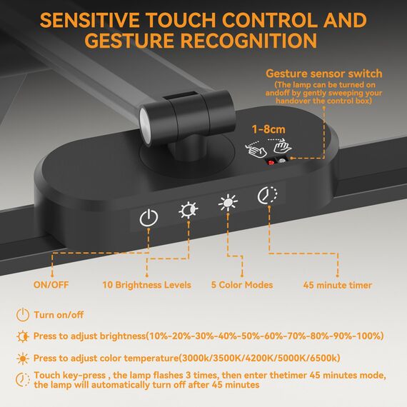 rigors 80cm Schreibtischlampe Klemmbar, Architekten-Tageslichtlampe für das Heimbüro, 24W ultrahelle Schreibtischlampen Gesten-Sensor-Schalter mit 5 Farb 10 Helligkeit,Speicherfunktion für Werkbank