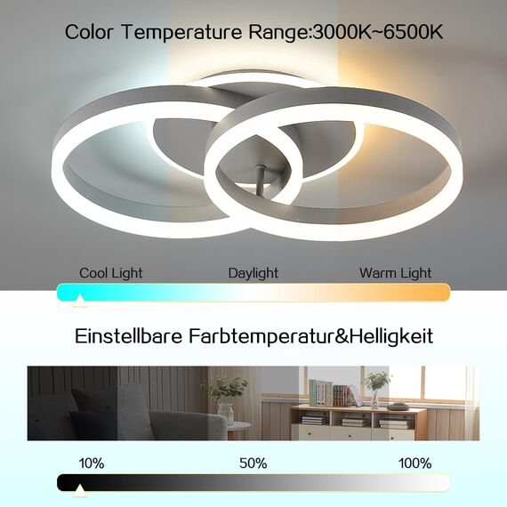 Amdelne LED Deckenlampe Wohnzimmer 50cm 2-Ringe Design, 36W Deckenleuchte Moderne mit Fernbedienung Dimmbar, aus Metall+Acryl,Mit Nachtlicht Memory-Funktion, für Schlafzimmer, Esszimmer, Büro-Grau
