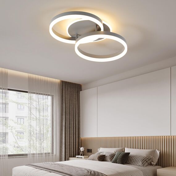 Amdelne LED Deckenlampe Wohnzimmer 50cm 2-Ringe Design, 36W Deckenleuchte Moderne mit Fernbedienung Dimmbar, aus Metall+Acryl,Mit Nachtlicht Memory-Funktion, für Schlafzimmer, Esszimmer, Büro-Grau