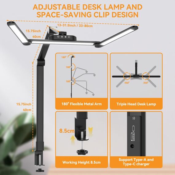 rigors 80cm Schreibtischlampe Klemmbar, Architekten-Tageslichtlampe für das Heimbüro, 24W ultrahelle Schreibtischlampen Gesten-Sensor-Schalter mit 5 Farb 10 Helligkeit,Speicherfunktion für Werkbank