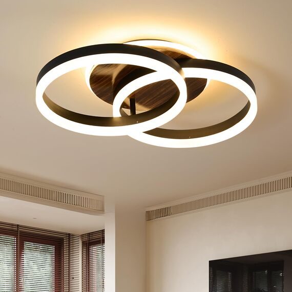 Amdelne LED Deckenlampe Wohnzimmer 50cm 2-Ringe Design, 36W Deckenleuchte Moderne mit Fernbedienung Dimmbar, aus Metall+Acryl, mit Speicherfunktion, für Schlafzimmer Esszimmer Büro, Schwarz+holz