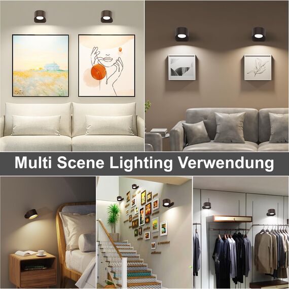 Feallive LED Wandleuchte Innen, Wandlampe mit Akku 1 Stück,Touch Control 3 Helligkeitsstufen, 360° drehbare, für Wohnzimmer Schlafzimmer TreppenhausFlur kabellose wandleuchten Dunkelbraun