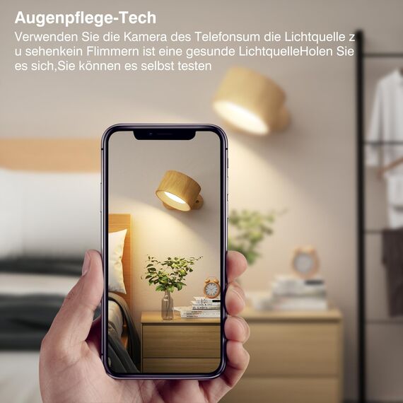 Feallive LED Wandleuchte Innen, Wandlampe mit Akku 1 Stück,Touch Control 3 Helligkeitsstufen, 360° drehbare, für Wohnzimmer Schlafzimmer TreppenhausFlur kabellose wandleuchten Holzmaserung