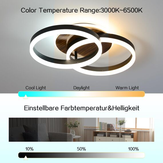 Amdelne LED Deckenlampe Wohnzimmer 50cm 2-Ringe Design, 36W Deckenleuchte Moderne mit Fernbedienung Dimmbar, aus Metall+Acryl, mit Speicherfunktion, für Schlafzimmer Esszimmer Büro, Schwarz+holz