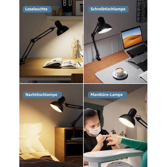 Lepro Schreibtischlampe Retro, Klemmbare Tischlampe E27, LED Büro Leselampe Nachttischlampe Verstellbare, Gelenk-Arm, schwenkbar, Tageslichtlampe Schreibtisch leuchte, HxBxT: 38 x 15 x 27cm, Schwarz