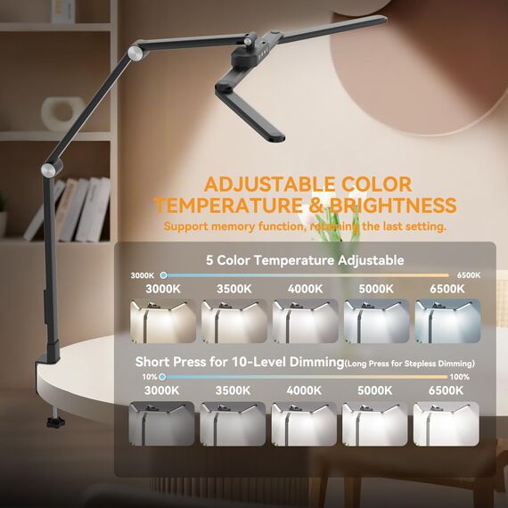 rigors 80cm Schreibtischlampe Klemmbar, Architekten-Tageslichtlampe für das Heimbüro, 24W ultrahelle Schreibtischlampen Gesten-Sensor-Schalter mit 5 Farb 10 Helligkeit,Speicherfunktion für Werkbank