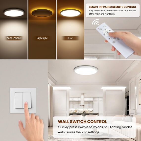 Tyreses LED Deckenleuchte Dimmbar 24W 2800LM, Deckenlampe mit Fernbedienung, 1800K Dimmbar Nachtlicht, 3000K-6500K Schlafzimmer Lampe für Schlafzimmer, Kinderzimmer, Wohnzimmer, Badezimmer, Ø30cm