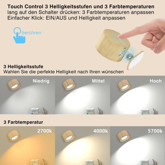 Feallive LED Wandleuchte Innen, Wandlampe mit Akku 1 Stück,Touch Control 3 Helligkeitsstufen, 360° drehbare, für Wohnzimmer Schlafzimmer TreppenhausFlur kabellose wandleuchten Holzmaserung
